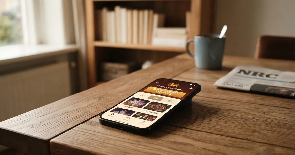 Een smartphone met een Nederlands online casino op het scherm, met een uitgelichte knop 'Bonus Zonder Storting' naast een KSA-keurmerk