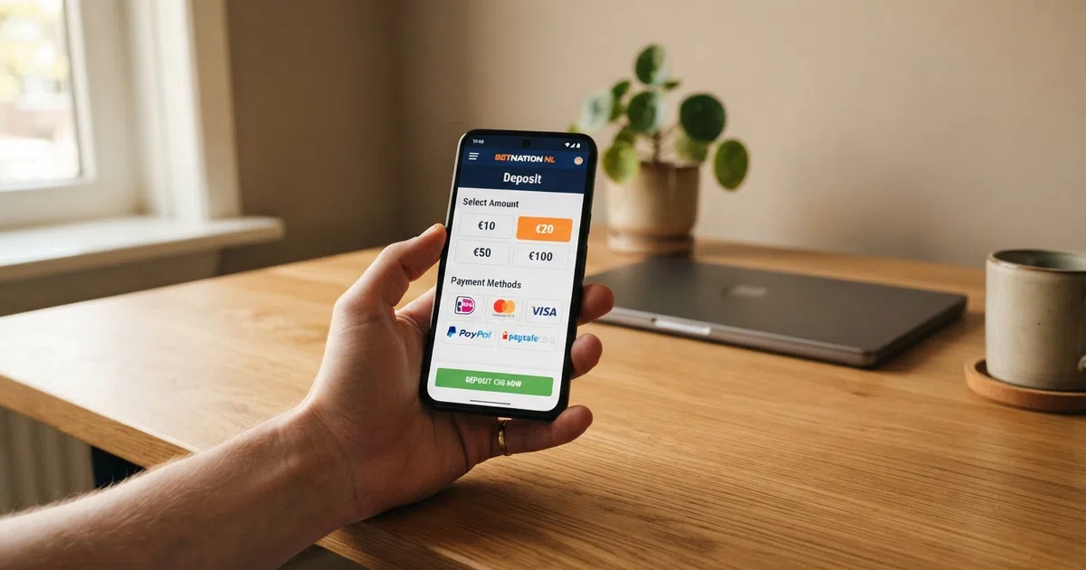Een startscherm van een online casino met een stortingsknop die “€20” toont en een lijst met beschikbare betaalmethoden waaronder iDEAL en Paysafecard