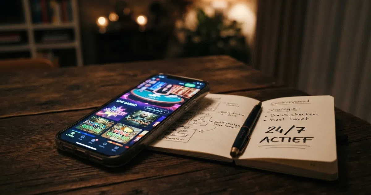 Een verlichte smartphone toont een online casino-lobby met gokkasten en live dealer-spellen, 's nachts, met een calendar-icoon dat 24/7 aangeeft