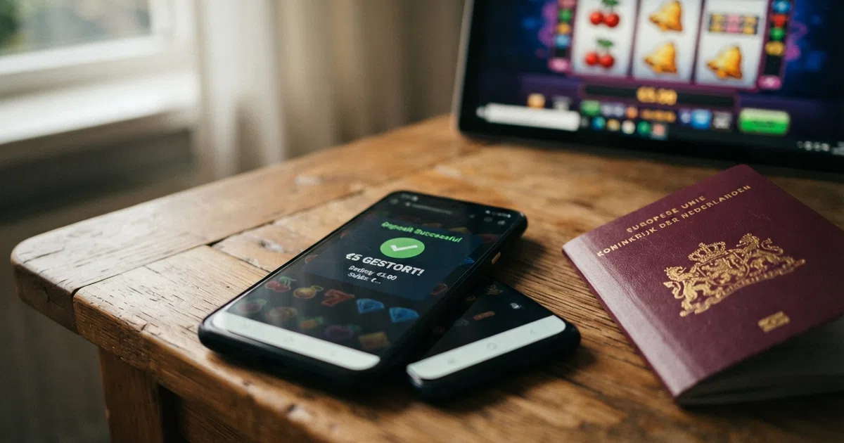 Een smartphone toont een Nederlands online casino-scherm met een stortingspagina waarop €5 wordt ingevuld, naast een Europees paspoort en een slot-spel op de achtergrond.