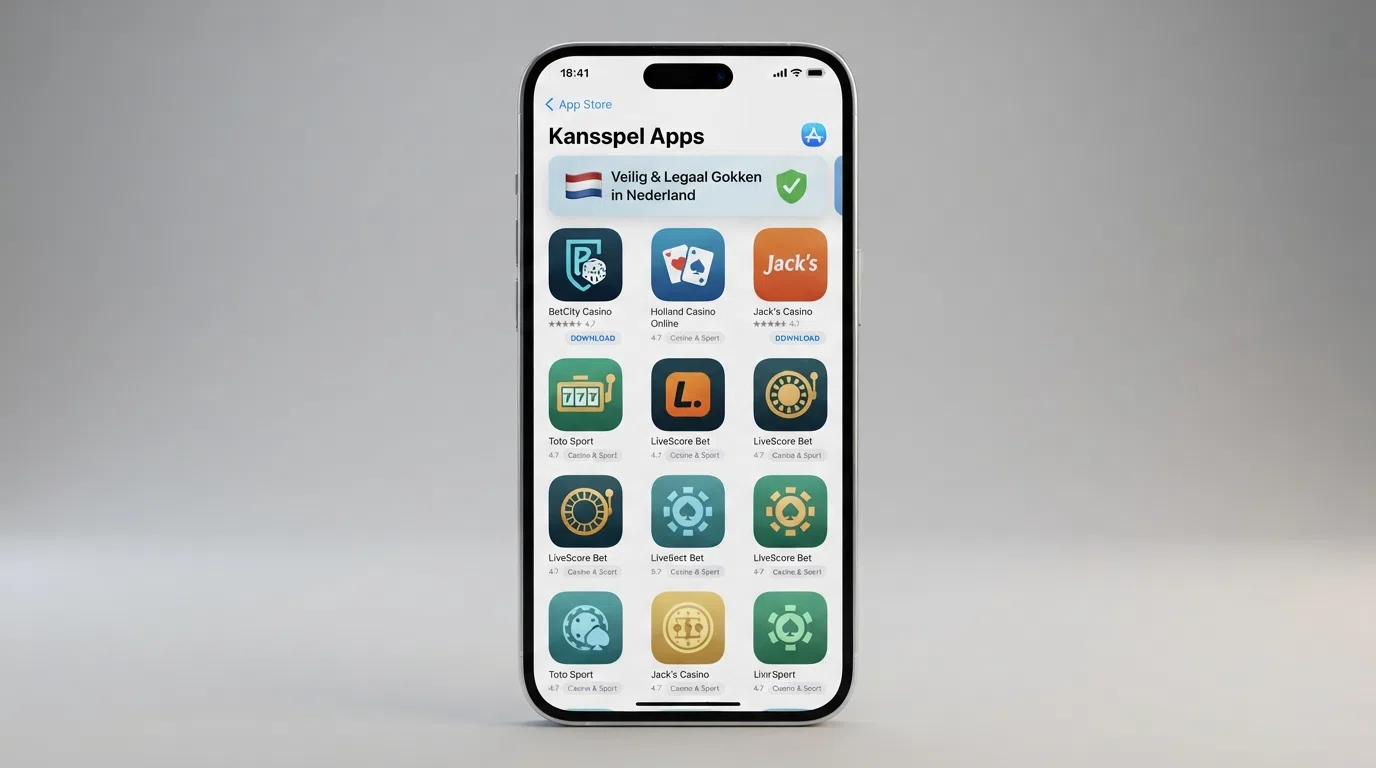 Een overzicht van App Store-pagina's van Nederlandse casino apps op een iPhone-scherm met zichtbare sterbeoordelingen