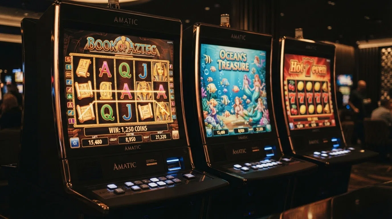 Vijf Amatic-slots naast elkaar weergegeven, met Book of Aztec en Wild Shark op de voorgrond