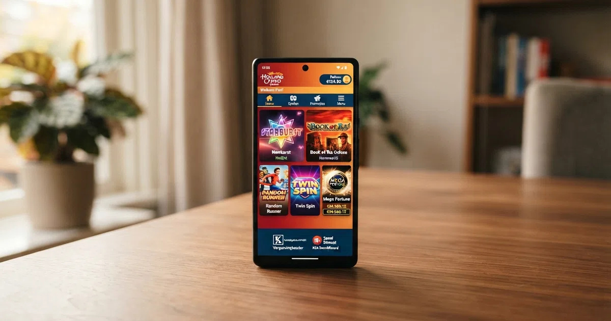 Een Android-smartphone met daarop het startscherm van een Nederlandse casino-app, met het KSA-logo zichtbaar in de voettekst