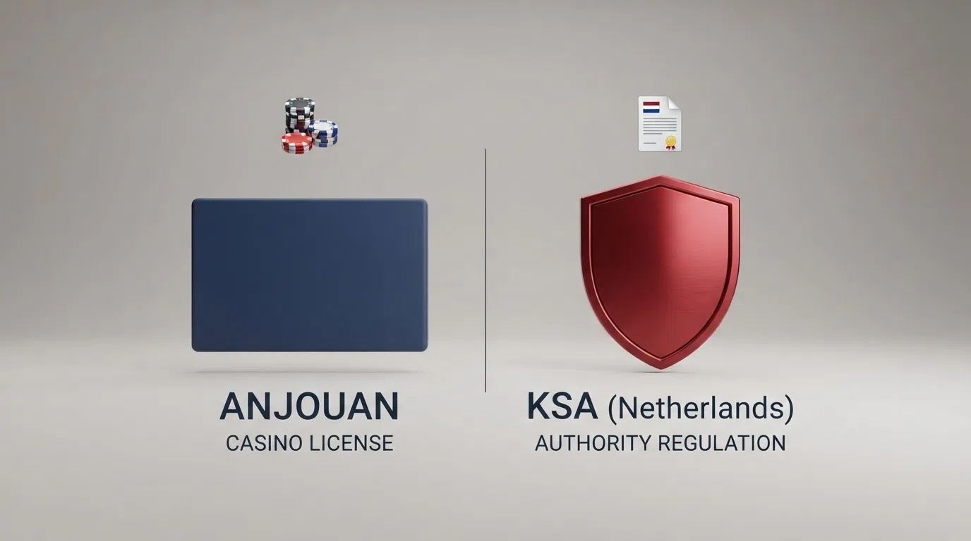 Twee kolommen met symbolen: links het Anjouan-licentielogo, rechts het KSA-logo, met daaronder verschillen in bonus, belasting, toezicht en spelersbescherming als pictogrammen