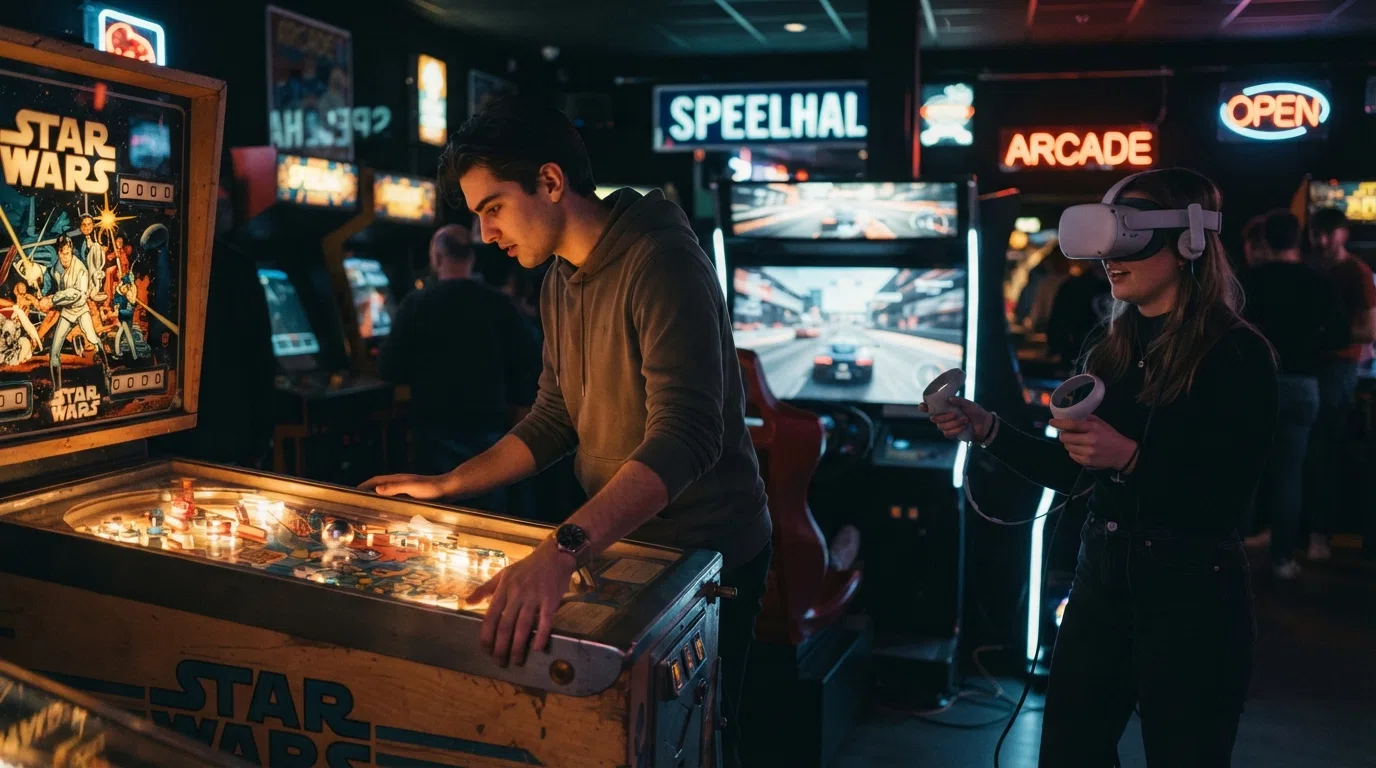 Rij arcade- en flipperkasten in een donkere hal met kleurrijke schermen — naast elkaar een klassieke flipperkast, een race simulator en een VR-opstelling zichtbaar