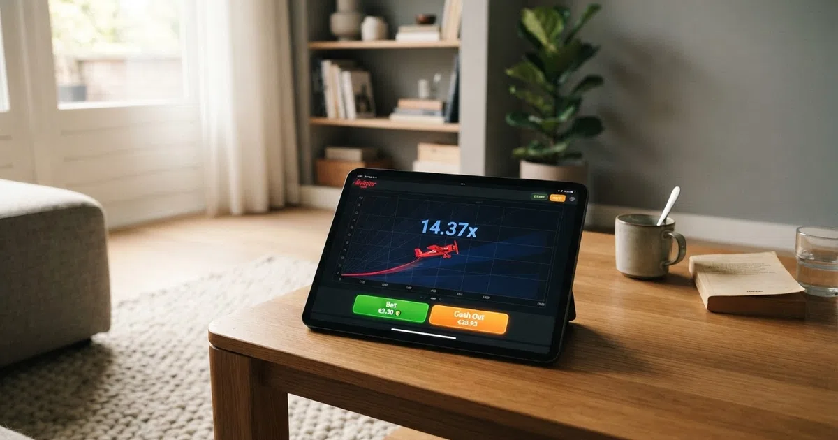 Het Aviator crash spel van Spribe op een Nederlands online casino platform met de stijgende multiplierlijn, inzetopties en de cashout-knop in beeld