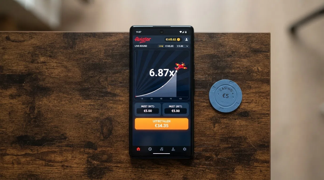 De spelinterface van Aviator tijdens een lopende ronde: de stijgende multipliergrafiek, de twee inzetvakken en de cashout-knop