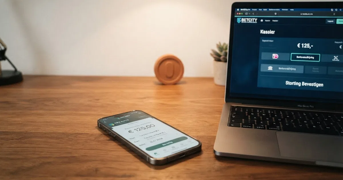 Een Nederlandse bankapp op een telefoonscherm naast een online casino-betaalpagina met de optie bankoverschrijving gemarkeerd