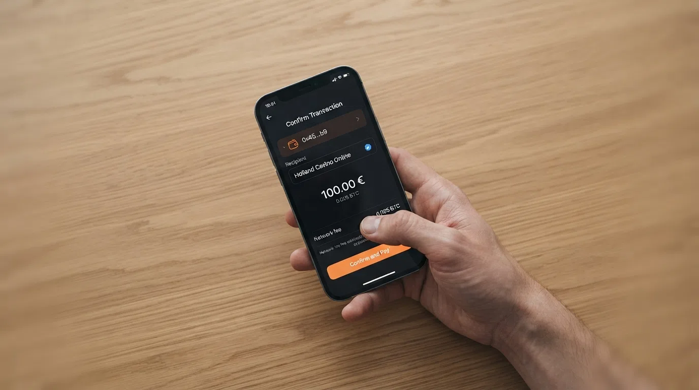 Een close-up van een smartphone met een Bitcoin Cash wallet-app die een transactie naar een casino-adres bevestigt.