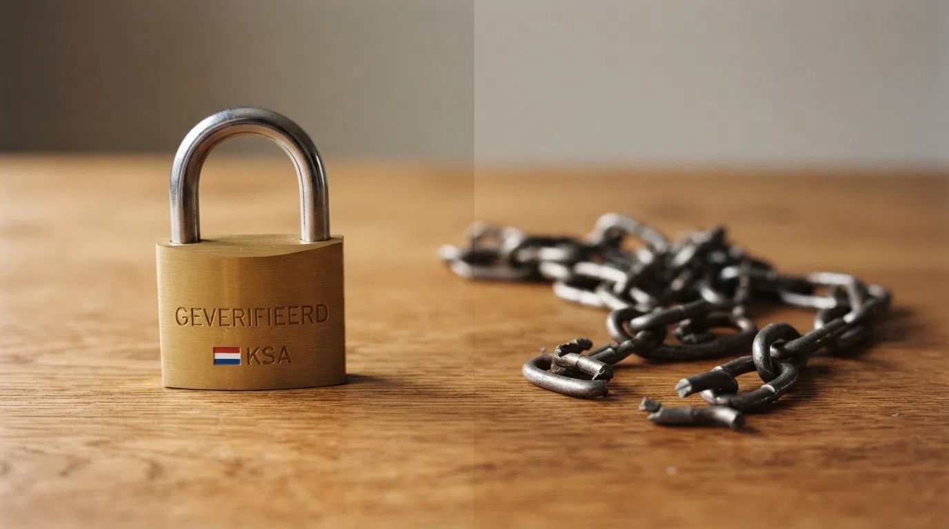 Een splitsing in beeld: links het slot van het CRUKS-register met de tekst 'geverifieerd', rechts een gebroken ketting met 'geen controle'