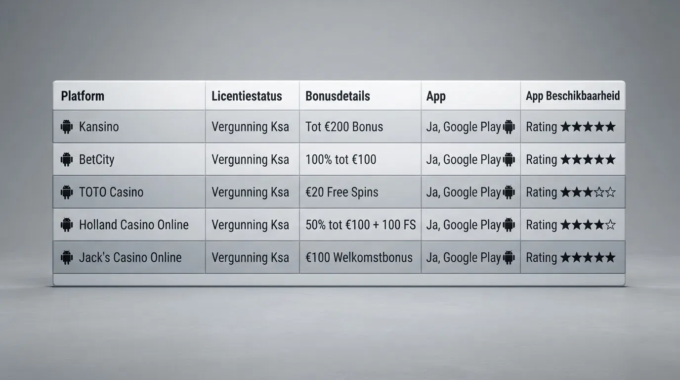 Een overzichtelijke vergelijkingstabel van Android casino apps met kolommen voor vergunning, bonus en app-type