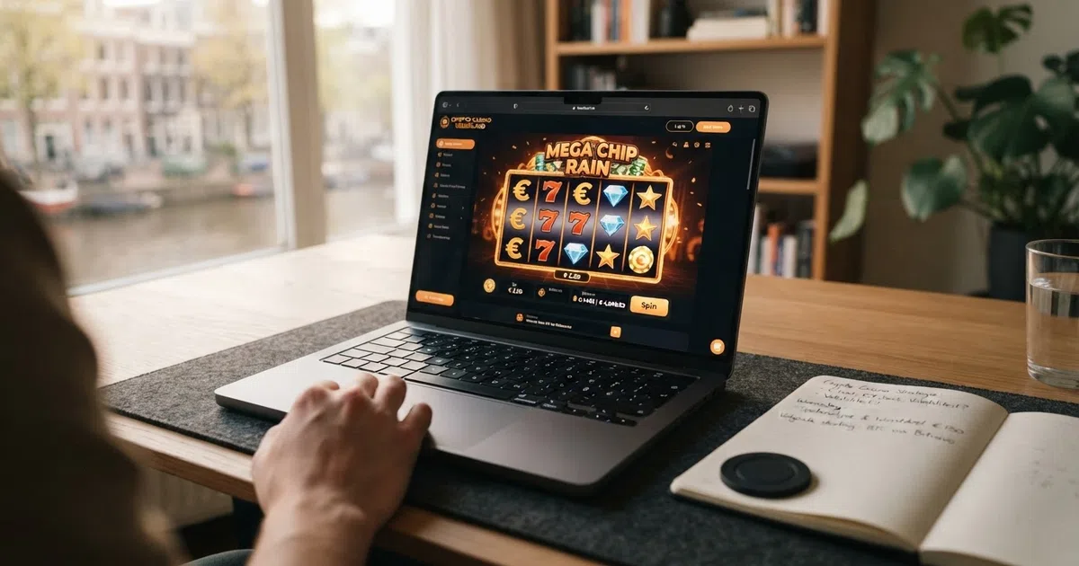 Een overzicht van bitcoin casino-interface op een laptopscherm met cryptovaluta-symbolen, spelelementen en een stortingsscherm