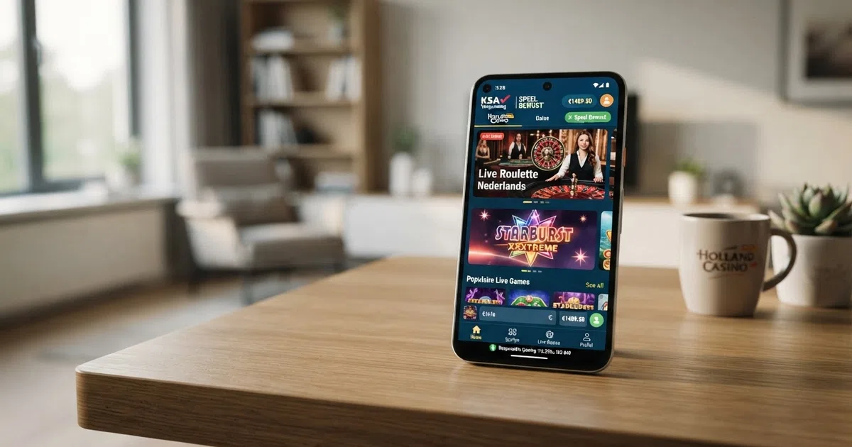 Een smartphone met daarop het startscherm van een Nederlandse casino app, met slots en live casino in het menu zichtbaar