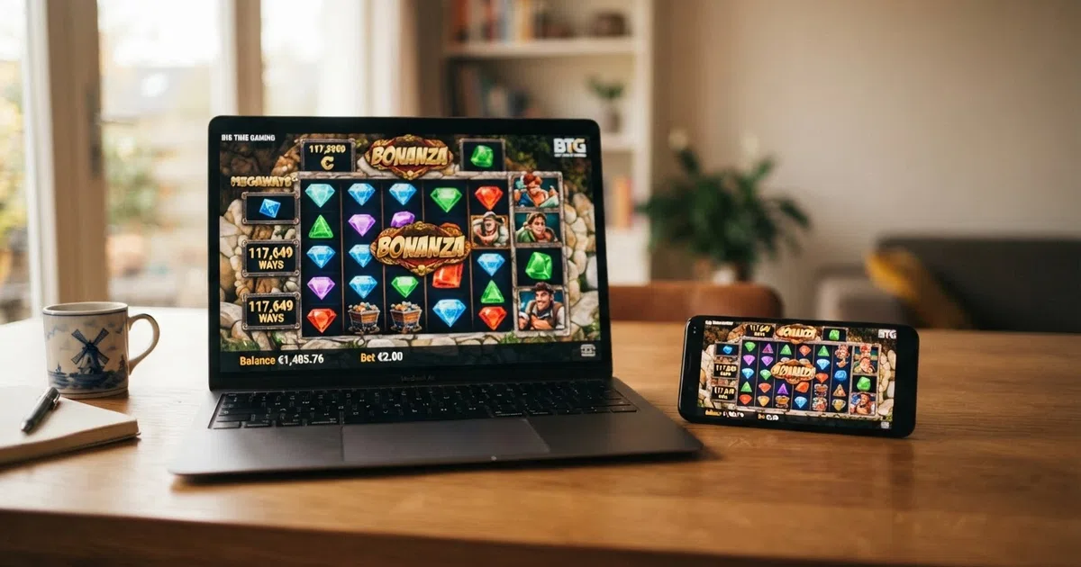 Een online casino-lobby met Big Time Gaming Megaways-slots in beeld, geopend op een laptop en een smartphone