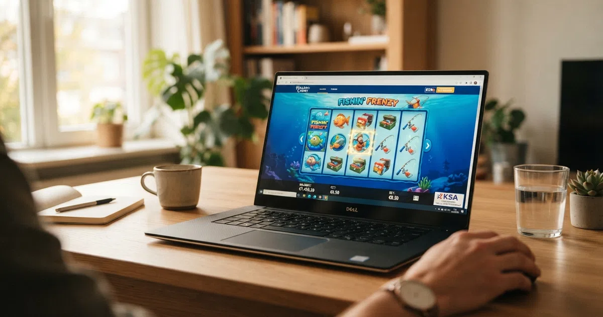 Een Nederlands online casino met Blueprint Gaming gokkasten op een laptopscreen, met het KSA-keurmerk zichtbaar