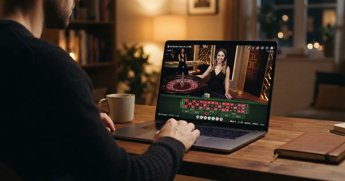 Een live dealer aan een Evolution Gaming-roulettetafel in een professionele studio, zichtbaar via de interface van een online casino op een laptopscreen