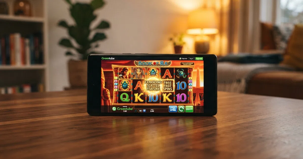 Het Greentube-logo op het scherm van een Nederlands online casino met Book of Ra Deluxe op de achtergrond