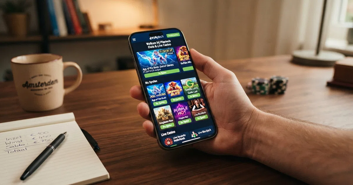 Een Playtech-casino-lobby op een scherm met herkenbare Nederlandse spelaanbieders en Playtech-slots in de thumbnail-weergave