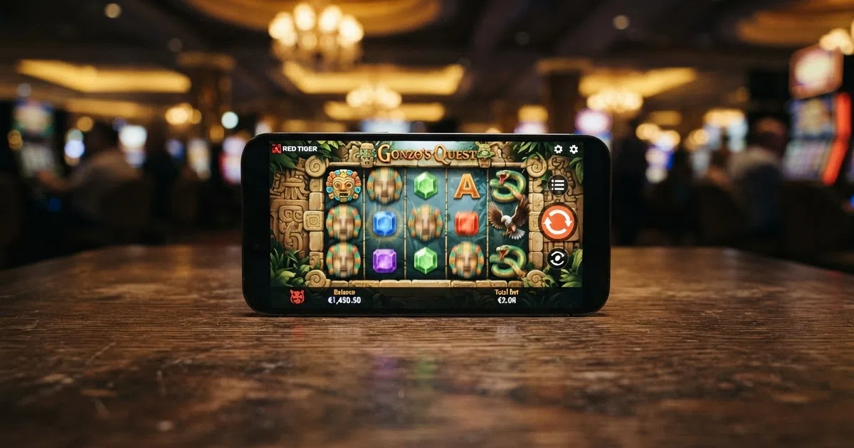 Het Red Tiger Gaming-logo op een smartphone met felgekleurde gokkast-symbolen op de achtergrond
