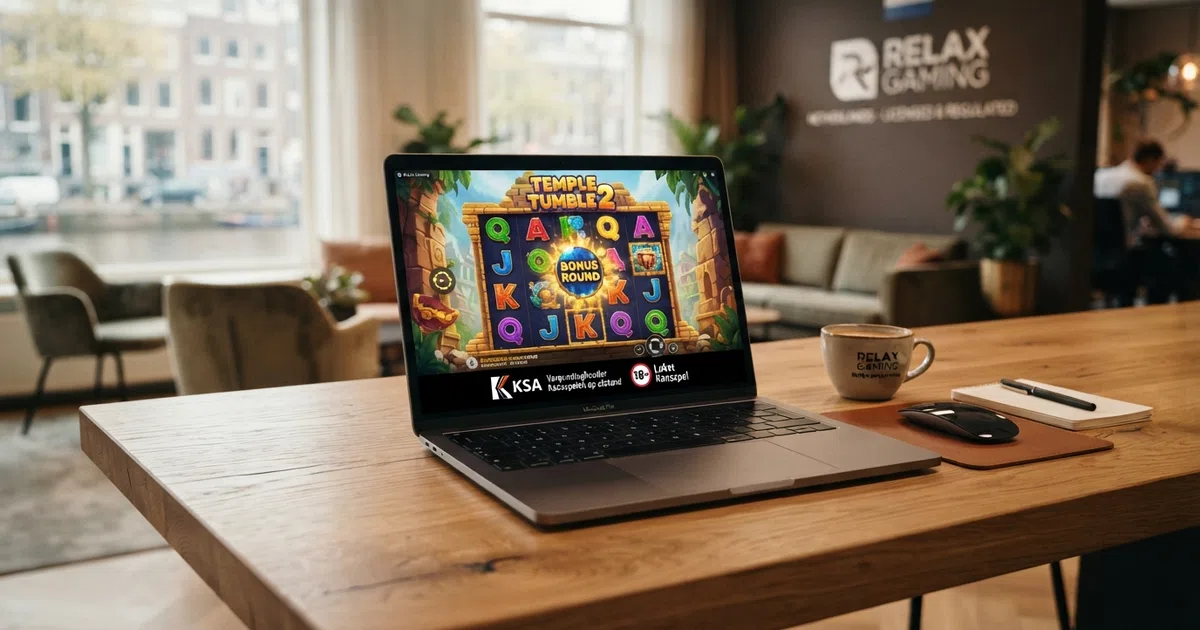 Een laptopscherm met daarop de lobby van een Nederlands online casino waarin Relax Gaming-slots prominent in beeld zijn met het KSA-keurmerk zichtbaar in de voettekst