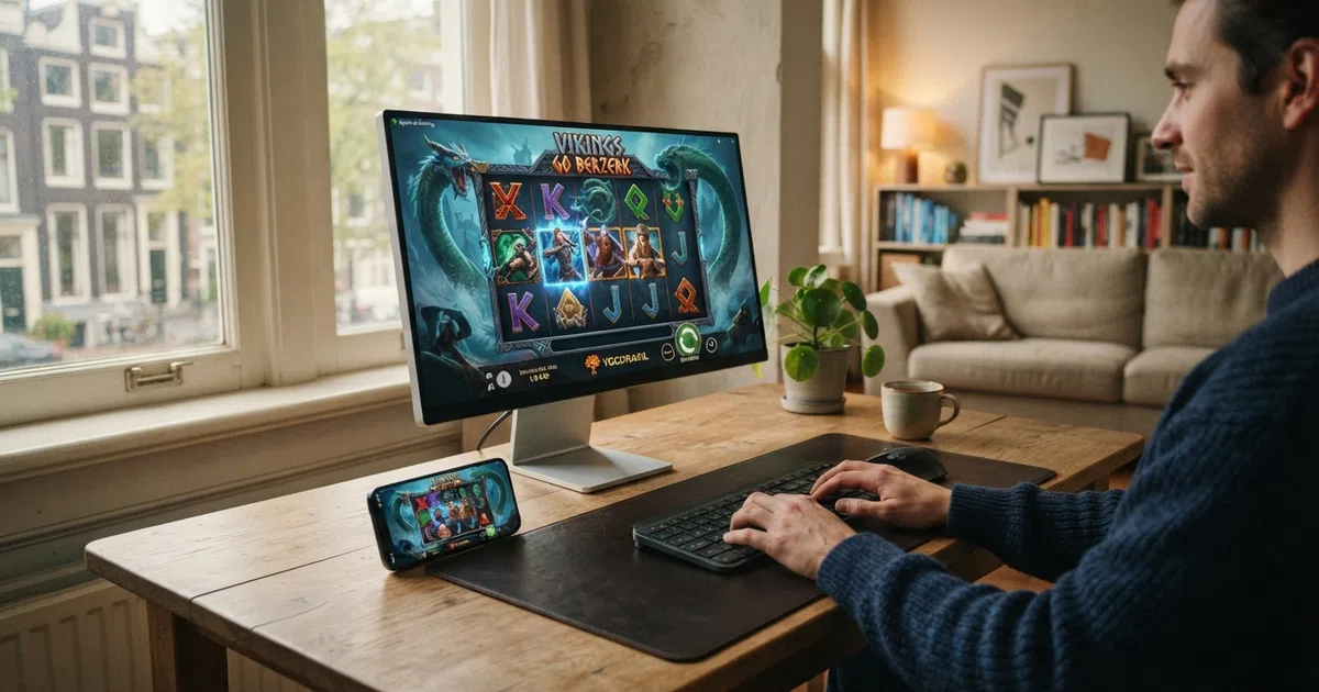 Yggdrasil-logo en een collage van de populairste slots op een smartphone- en desktops scherm