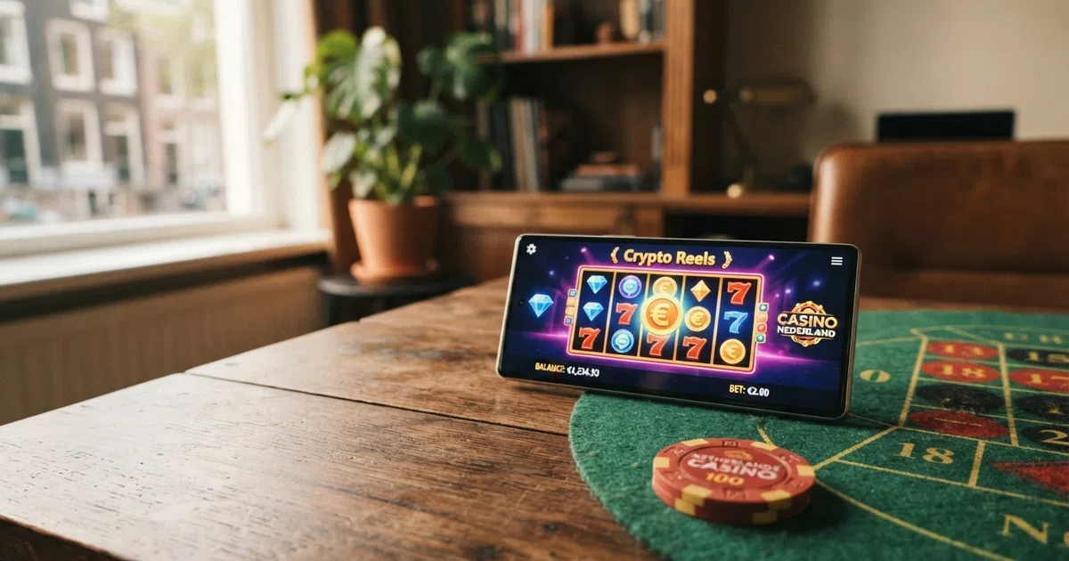 Een collage van crypto casino-logo's naast cryptomunten Bitcoin Ethereum en USDT met spelelementen zoals een roulettewiel en kaarten