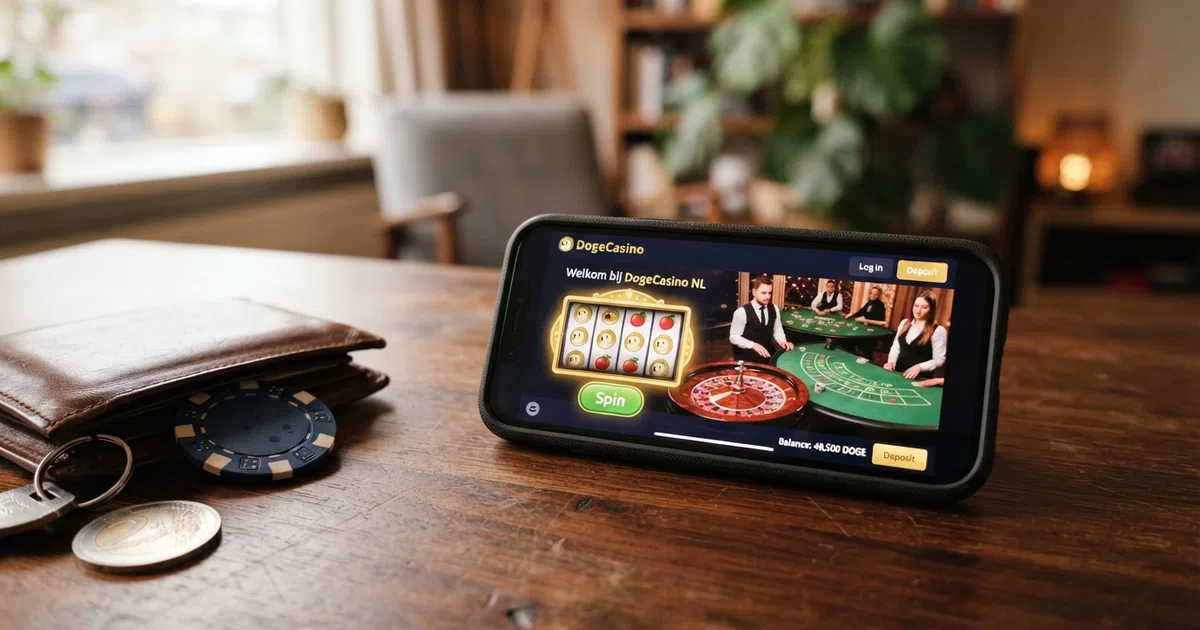 Collage van een Dogecoin-casino-interface met DOGE-munt, speeltafels en een slotscherm