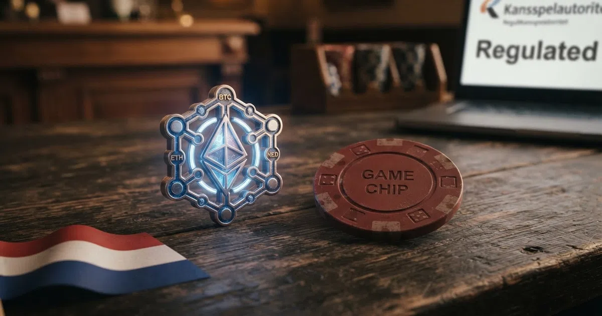 Een Ethereum-logo naast een casino-chip op een donkere achtergrond, met een Nederlandse vlag die scheiding aangeeft tussen gereguleerd en offshore