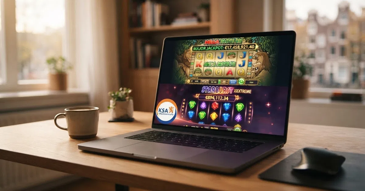 close-up van progressieve jackpot-gokkasten met Mega Moolah en Mega Fortune op het scherm, naast het KSA-keurmerk