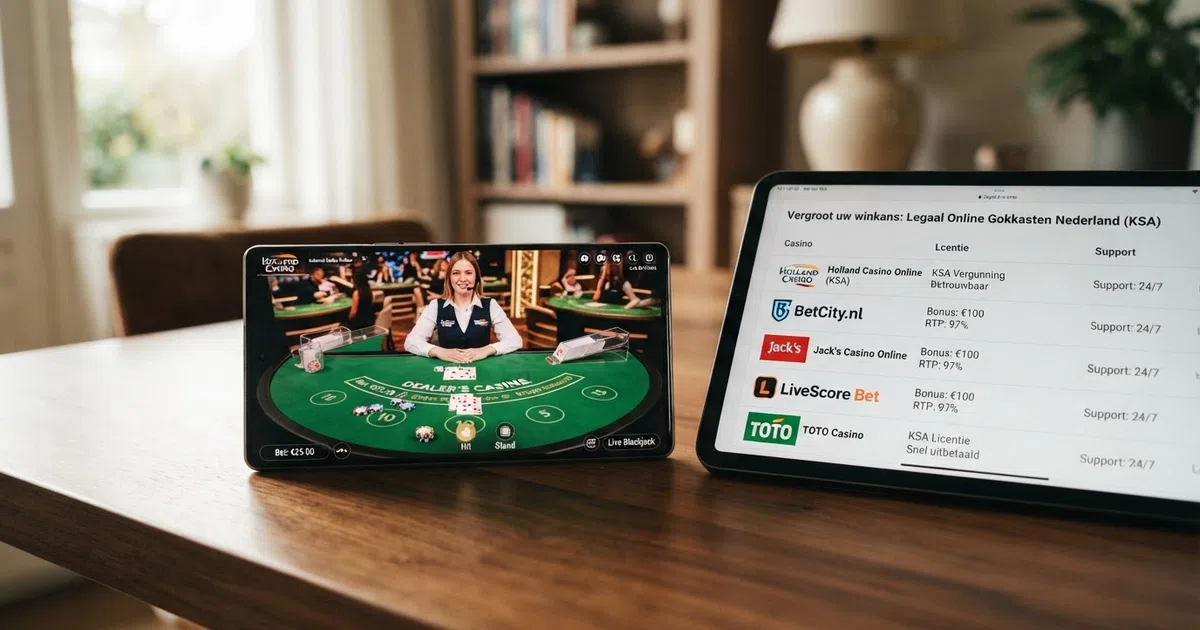 Een overzichtelijke vergelijkingstabel van Nederlandse online casino's met KSA-vergunning, naast een smartphone die een live-dealerspel toont en een slotmachine op het scherm.