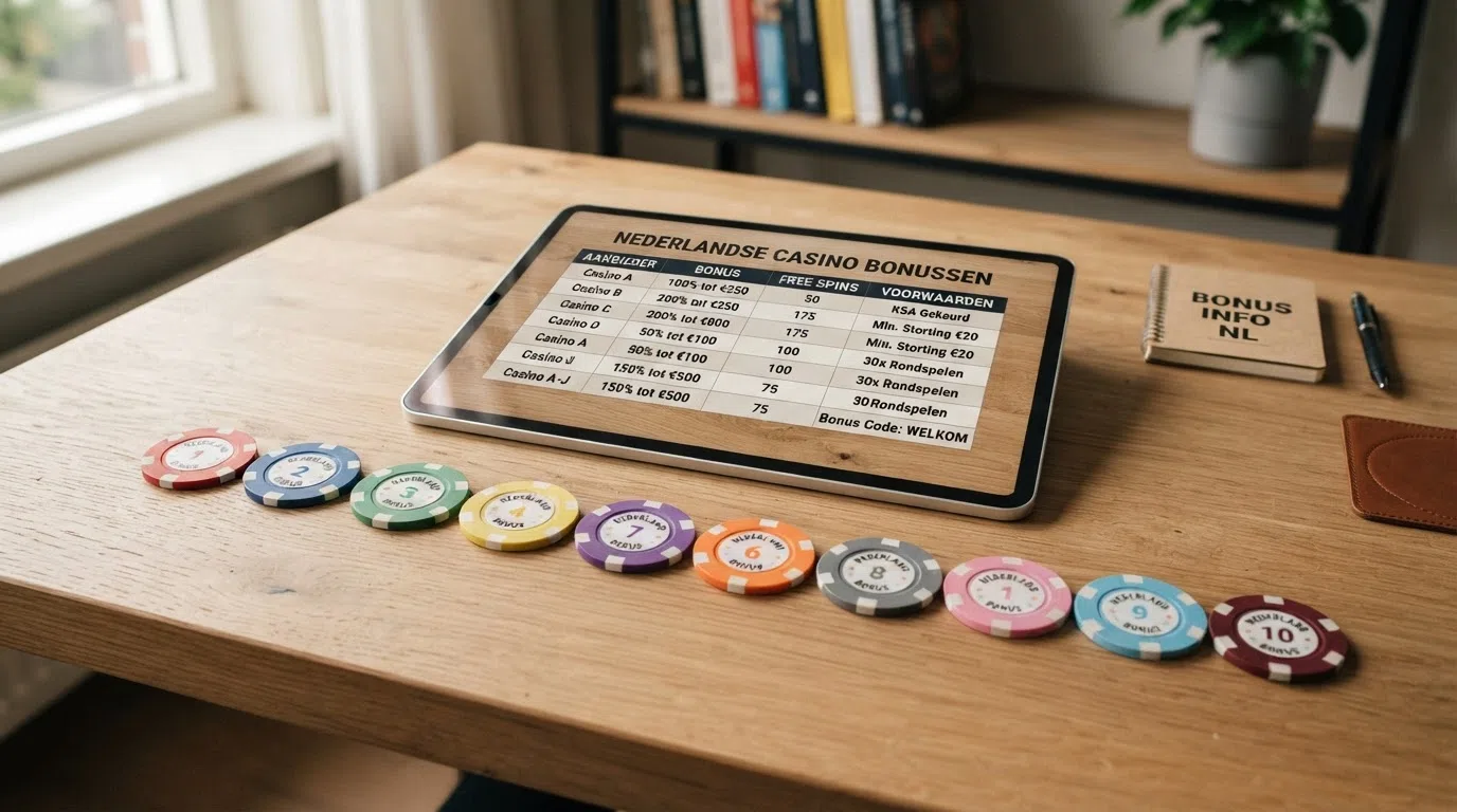 Een visuele vergelijking: tien casinologo's op een rij, met daarnaast de bonusbedragen en free-spins-aantallen in een leesbaar overzicht