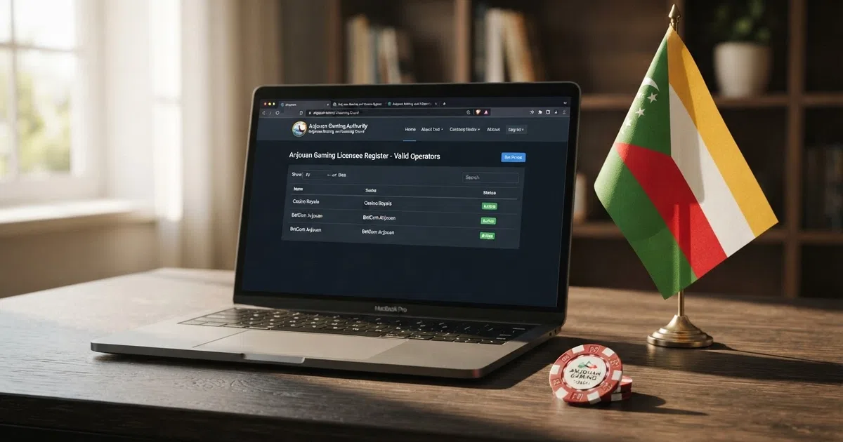 De vlag van Anjouan naast een scherm met een casinoregister en licentiedocumenten, op een donkere bureaubladachtergrond