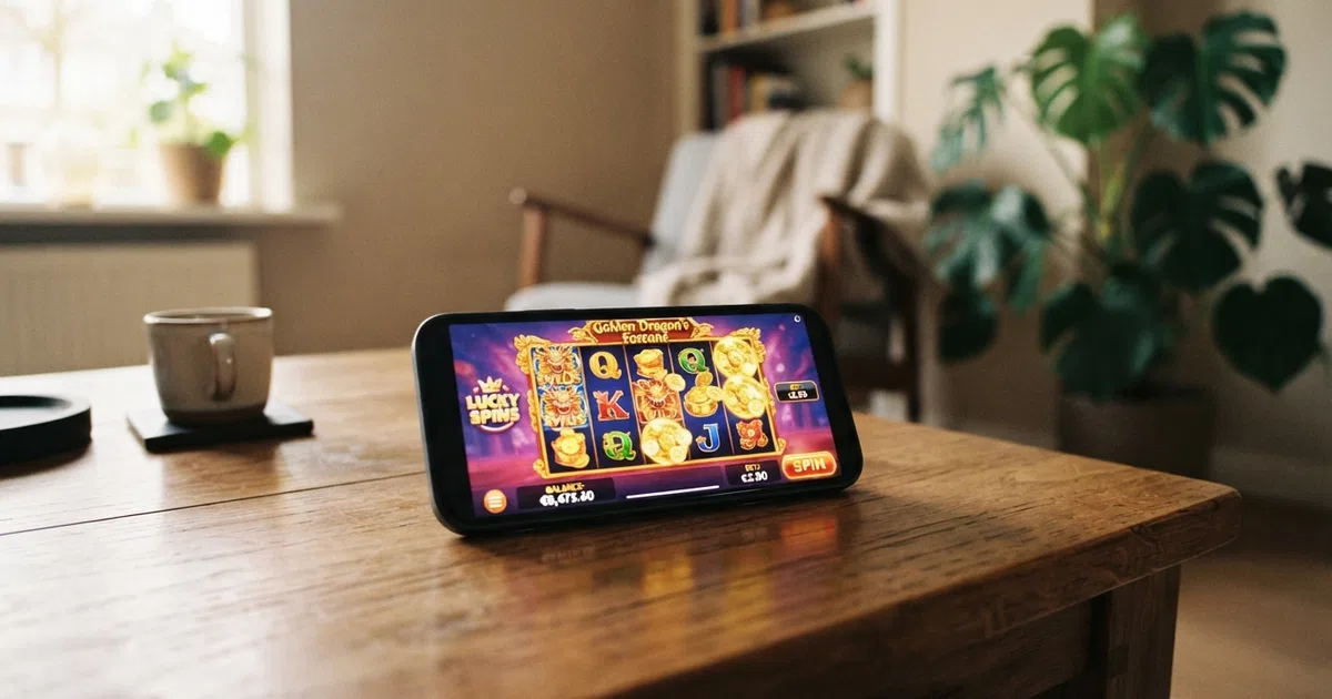 Een overzichtscollage van buitenlandse online casino's met hun licentielogo's, bonusteksten en een smartphone met een geopend spel