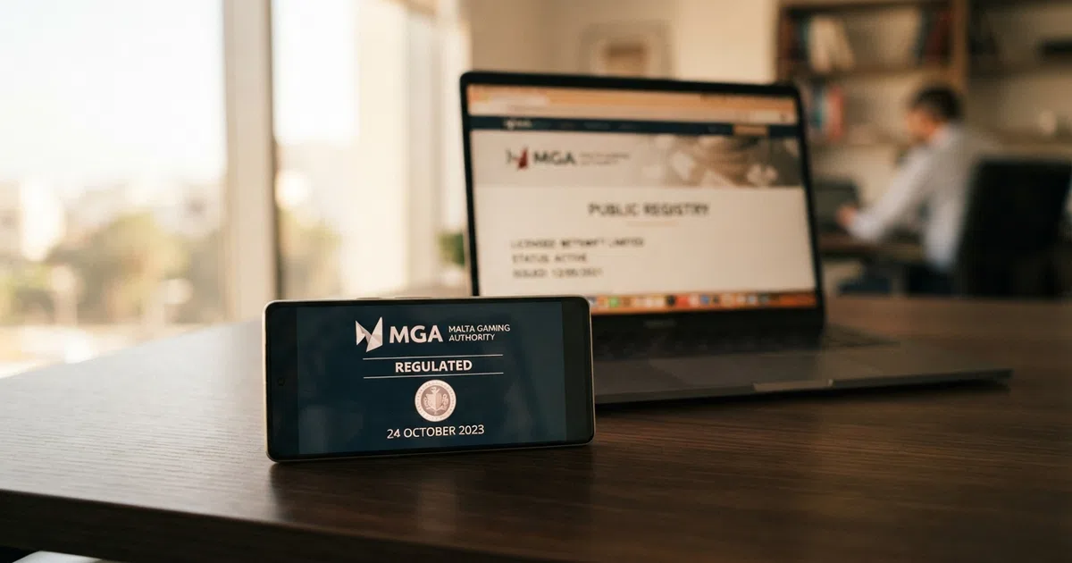 Het logo van de Malta Gaming Authority op een smartphone-scherm, met op de achtergrond een gedempte weergave van de MGA-licentiehouder-pagina