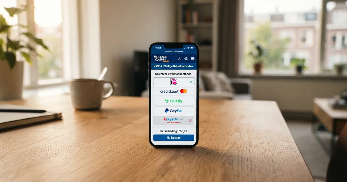Een smartphone met een casino-betaalpagina waarop iDEAL, creditcard en een doorgestreepte Afterpay-optie zichtbaar zijn