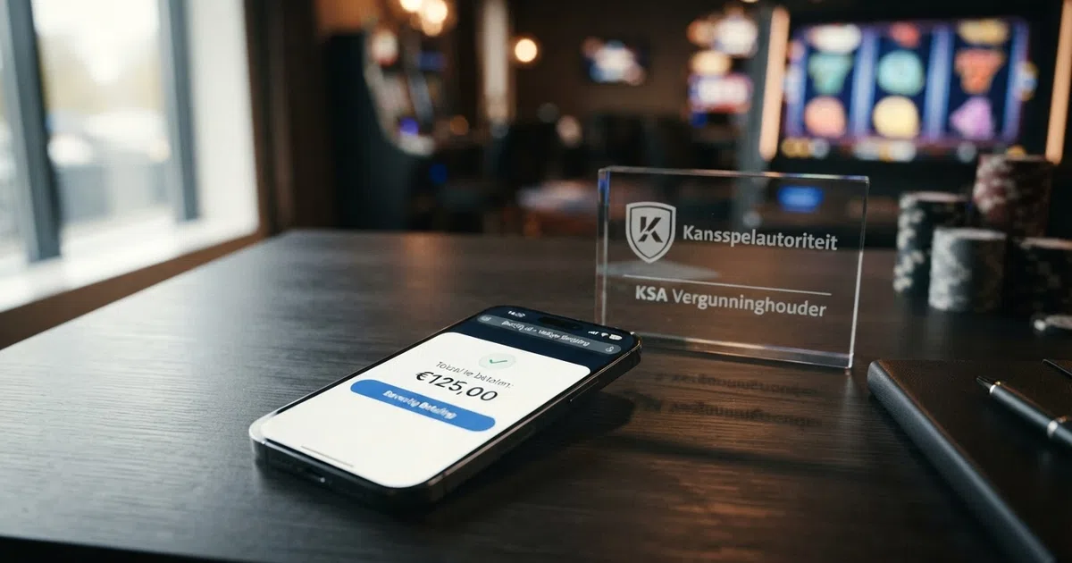 Een iPhone met het Apple Pay-betaalscherm naast het logo van de Kansspelautoriteit, met een rood kruis ertussen