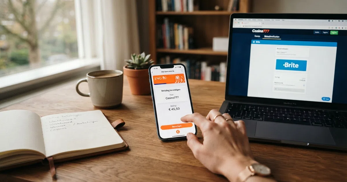 Een smartphone met een geopende bankapp naast een laptopscherm met een online casino-kassa, de Brite-betaaloptie gemarkeerd.
