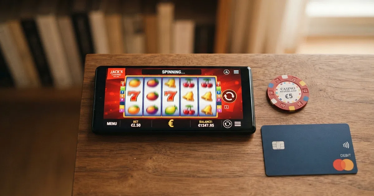 Een close-up van een creditcard naast een smartphone met een Nederlands online casino op het scherm, het KSA-logo zichtbaar