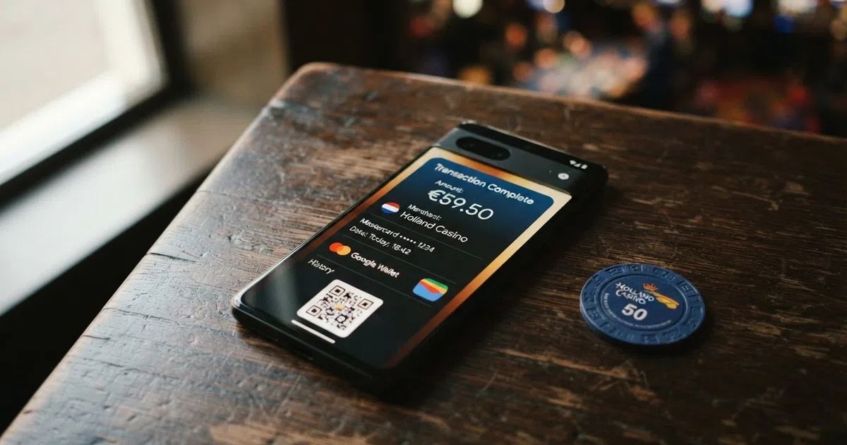 Een smartphone met het Google Pay-logo op het scherm, naast een Nederlands casino-icoon met een slot-symbool