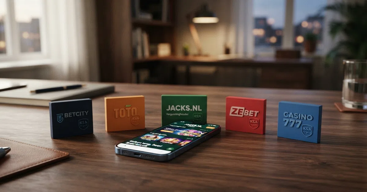 Overzicht van de beste Nederlandse online casino's die met HiPay werken — casino-logo's en KSA-keurmerk op een rij