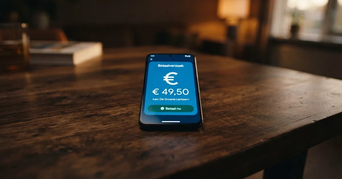 Een smartphone met het iDEAL-betaalscherm naast het logo van een Nederlands online casino op een donkere achtergrond