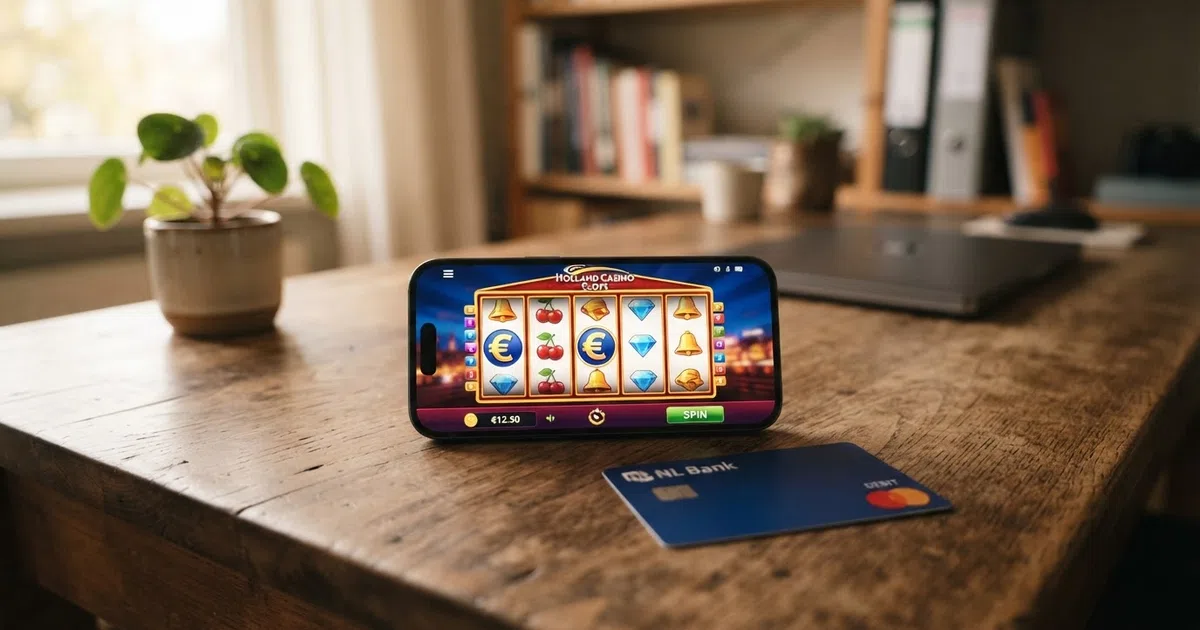 Een Nederlandse bankpas met het Maestro-logo naast het scherm van een online casino op een laptop