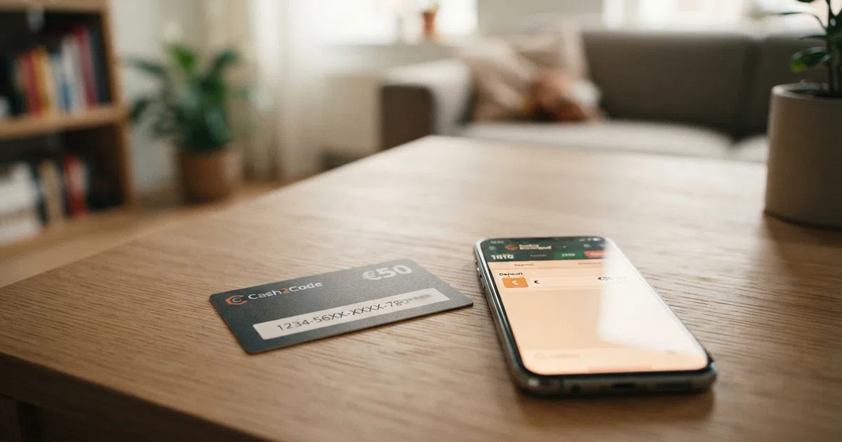 Een Neosurf-voucher met 10-cijferige pincode naast een smartphonescherm met een online casino-kassa