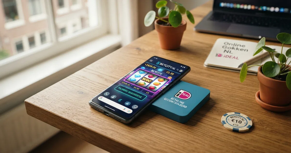 Neteller-logo naast een smartphone met een online casino-interface en een iDEAL-betaalscherm