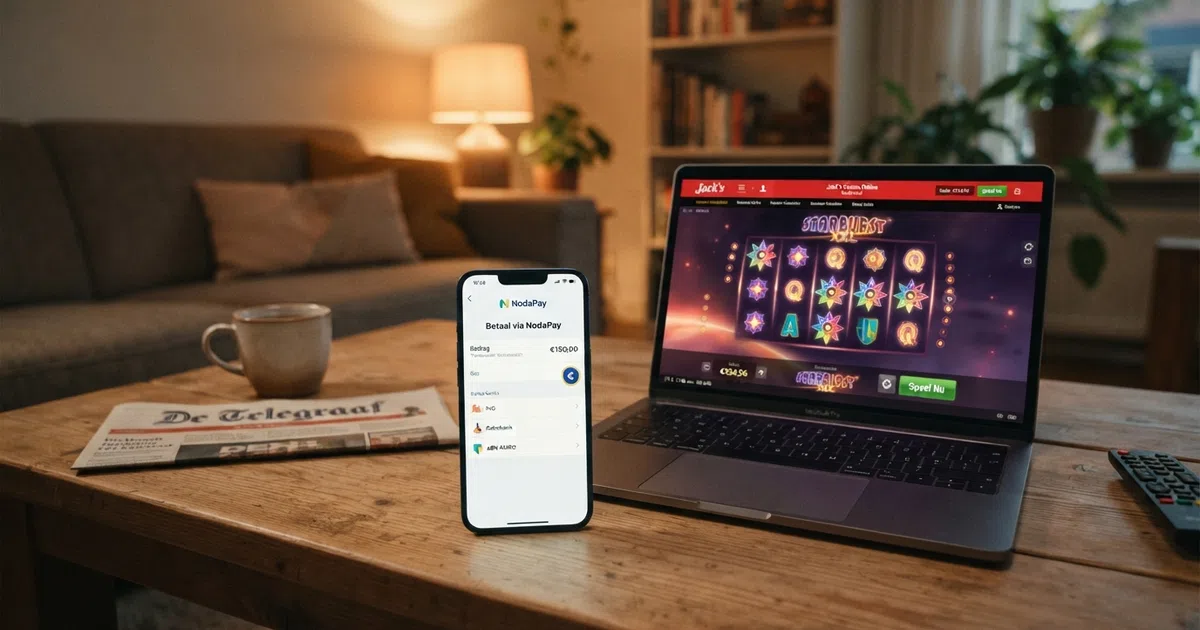 Een smartphone met daarop het NodaPay-betaalscherm naast een online casino-interface op een laptop