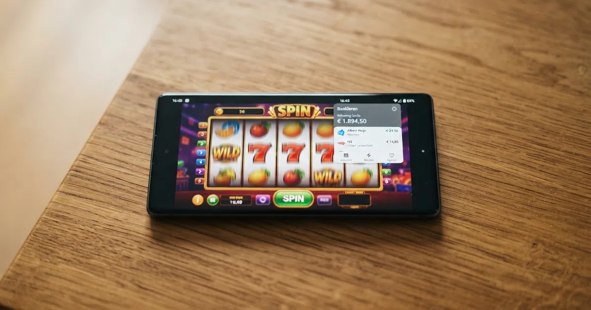 Een smartphone toont het scherm van een online casino naast het logo van een Nederlandse bankapp, met de tekst 'Storten en spelen' zichtbaar.