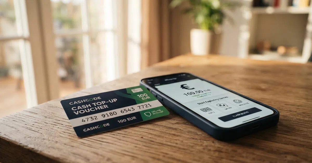 Een Paysafecard-voucher met 16-cijferige code naast een smartphone met een open casino-app