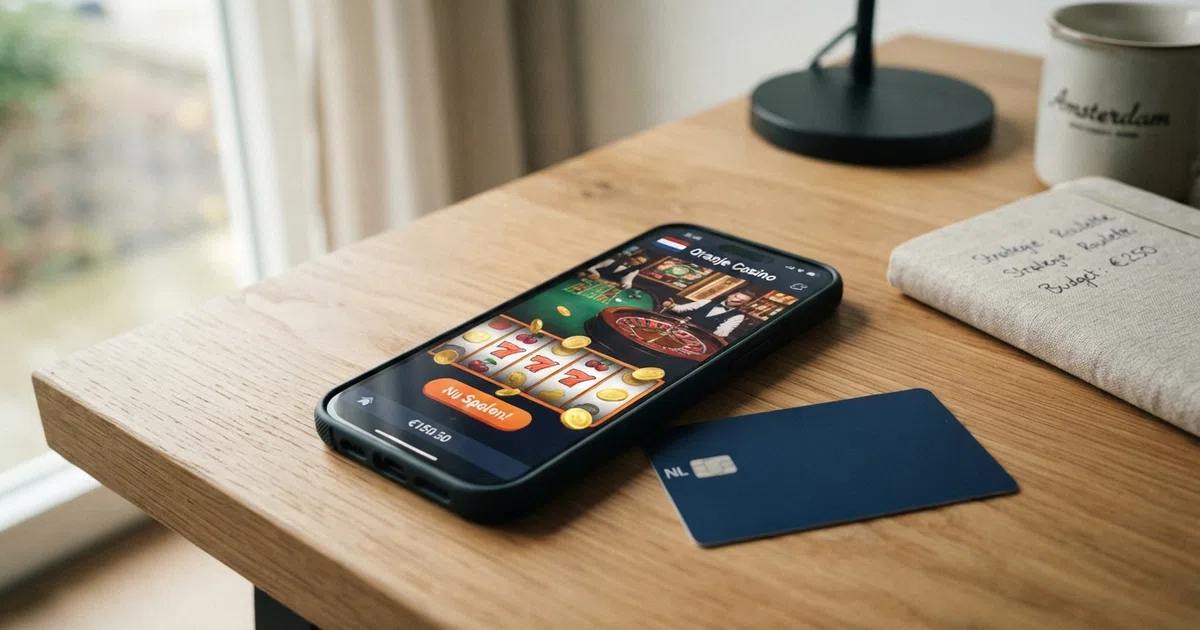 Revolut-betaalpas en smartphone met het scherm van een online casino op de achtergrond