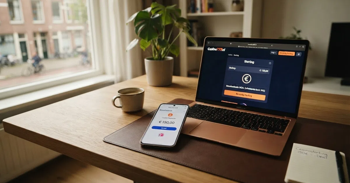 Een smartphone met de Tikkie-app geopend naast een laptopscherm met een online casino-stortingspagina in beeld.
