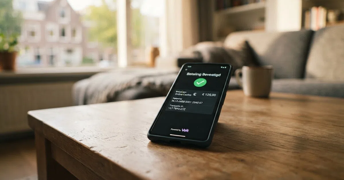 Een smartphone met een geopende bankapp toont een Volt-betaling aan een online casino, met een Nederlandse bankomgeving zichtbaar op het scherm